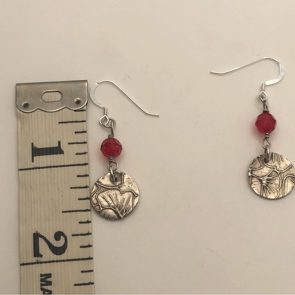 Sterling & 999 Flower Petal Coin Silver Red Crystal Dangle Hook Earrings 1.6” - Picture 5 of 5